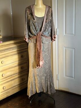Vintage Spencer Alexis 3-Piece Boho set Metallic Floral Dress, Tank Sheer Duster
